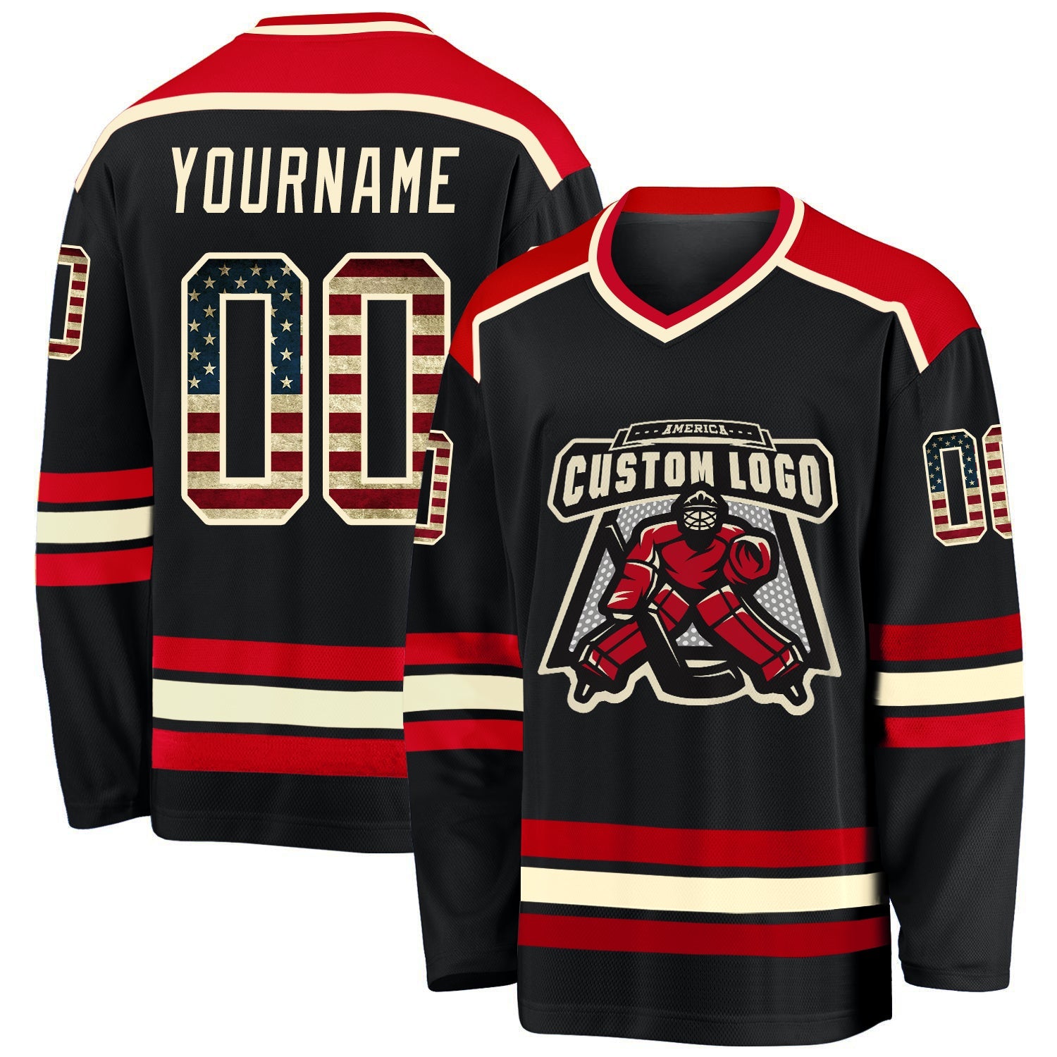 Custom Black Vintage USA Flag Cream-Red Hockey Jersey - Main View