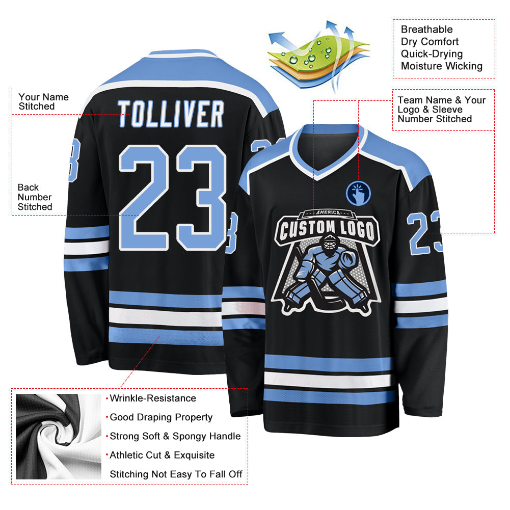 Custom Black Light Blue-White Hockey Jersey view 3