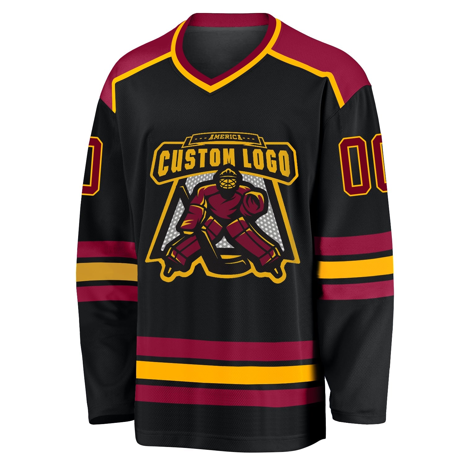 Custom Black Maroon-Gold Hockey Jersey view 2