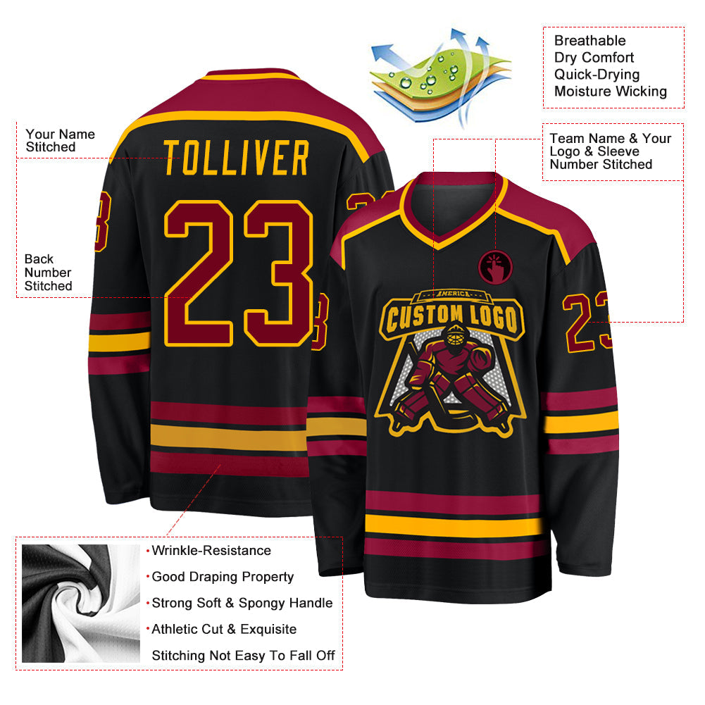 Custom Black Maroon-Gold Hockey Jersey view 3