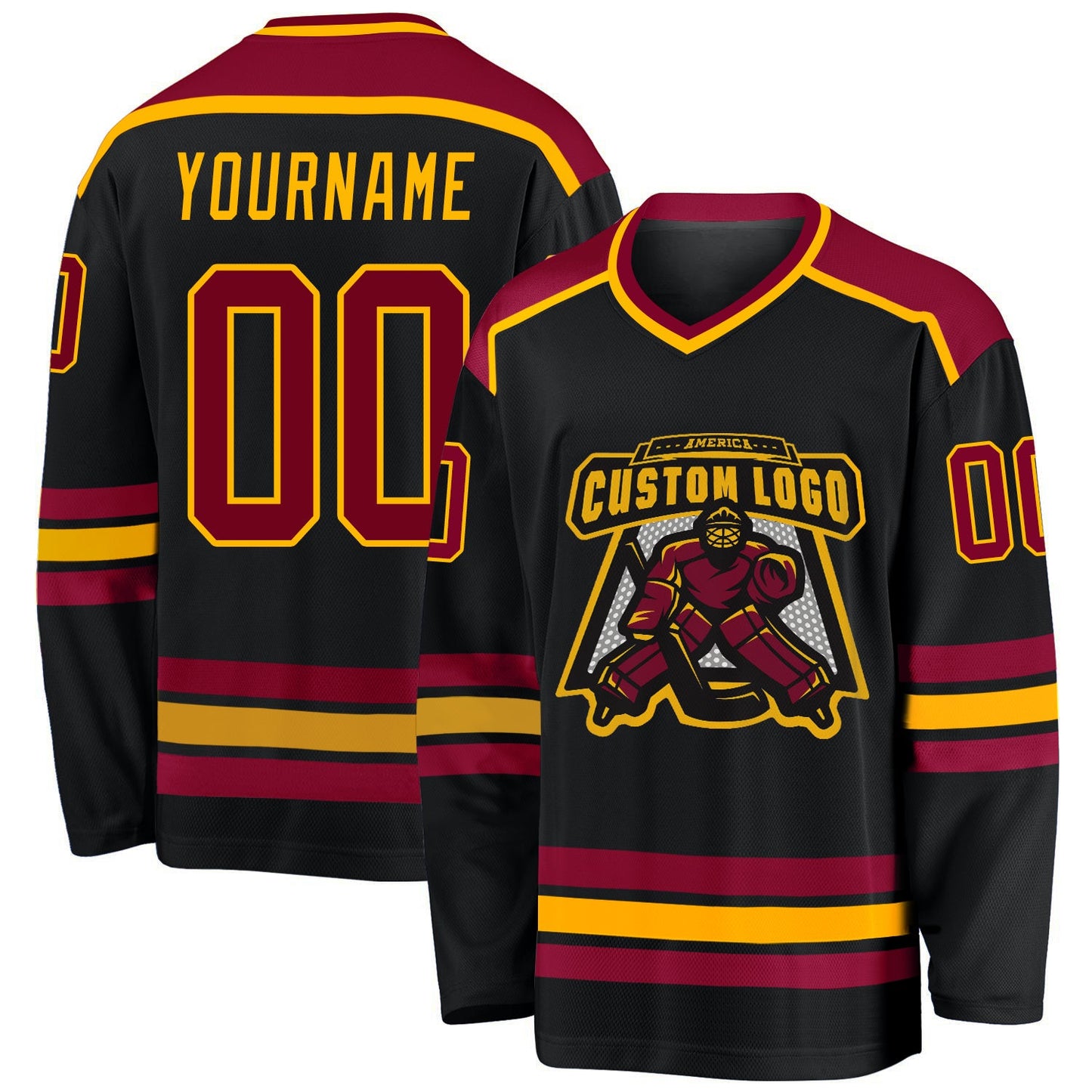 Custom Black Maroon-Gold Hockey Jersey - Main View