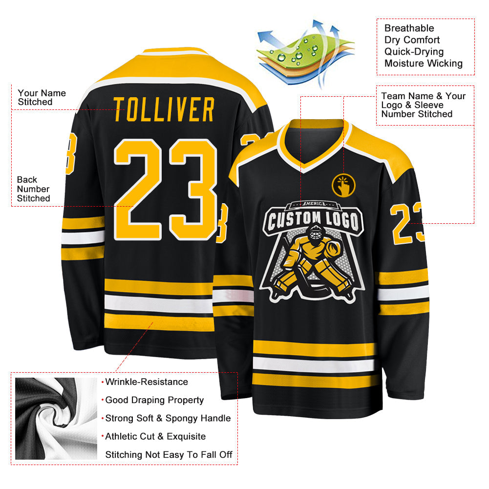 Custom Black Gold-White Hockey Jersey view 3