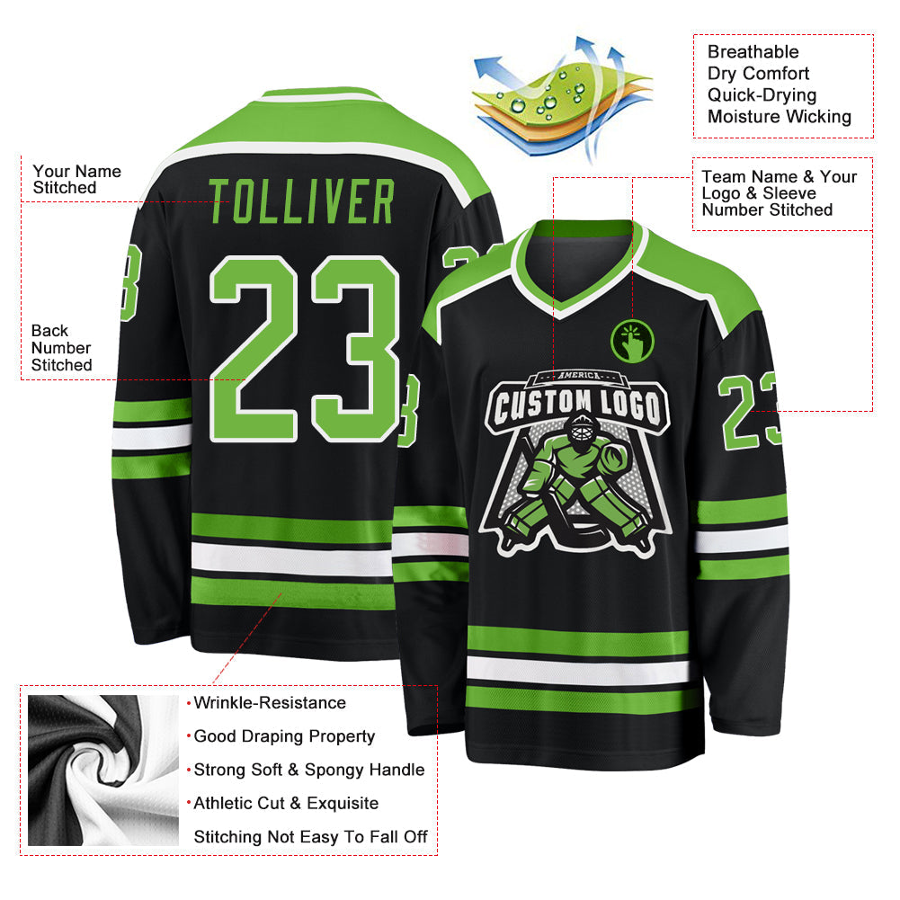 Custom Black Neon Green-White Hockey Jersey view 3