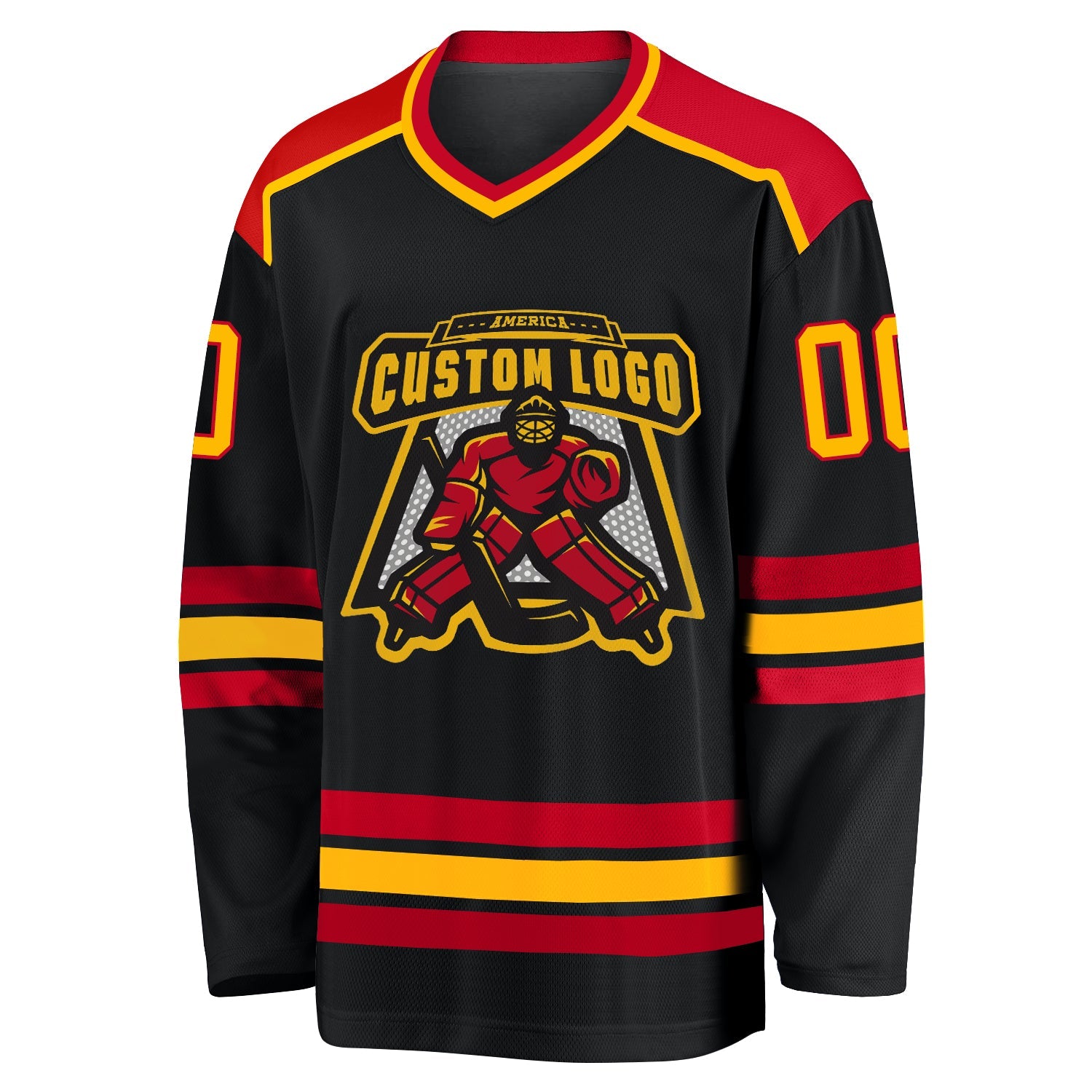 Custom Black Gold-Red Hockey Jersey view 2