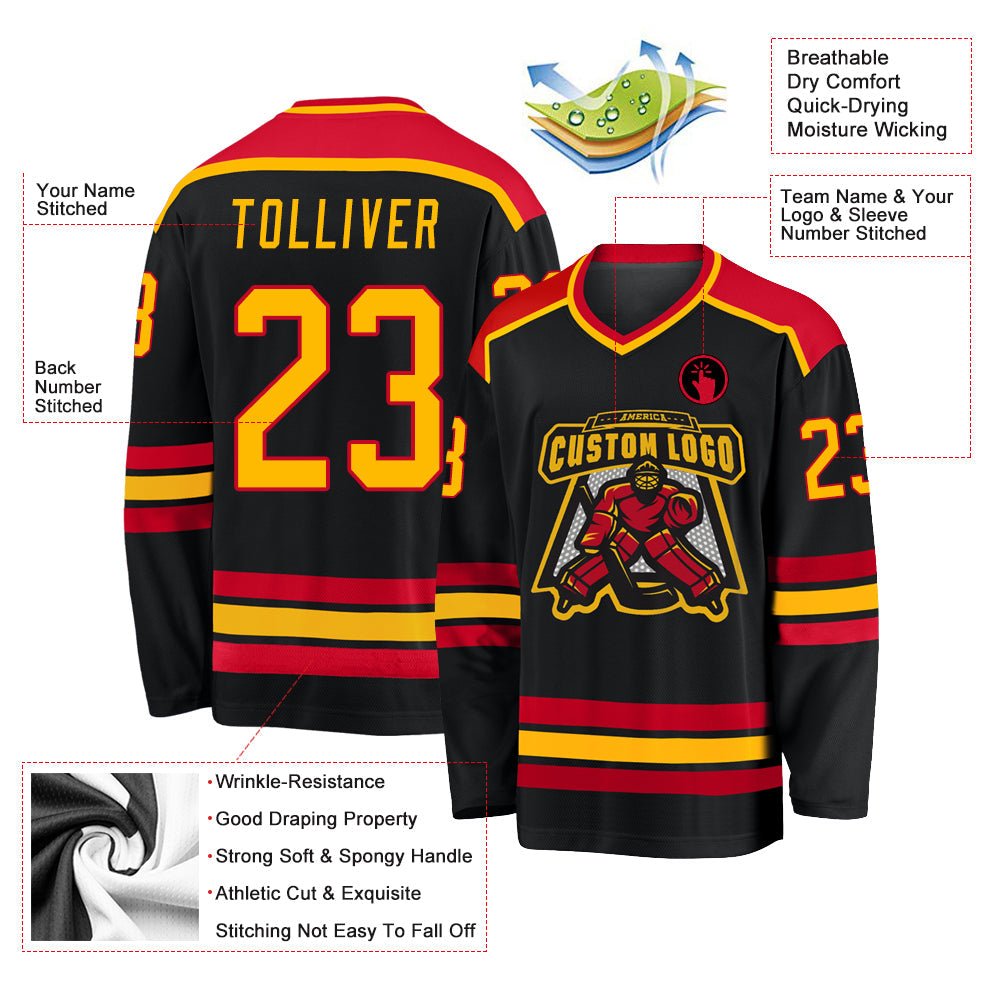 Custom Black Gold-Red Hockey Jersey view 3