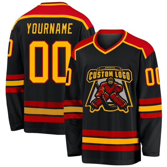 Custom Black Gold-Red Hockey Jersey - Main View