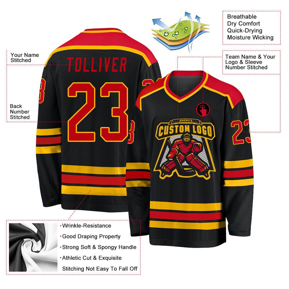 Custom Black Red-Gold Hockey Jersey view 3