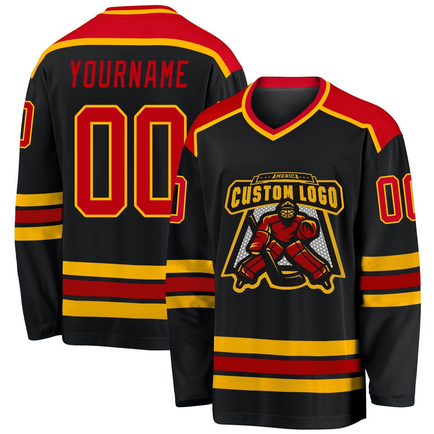 Custom Black Red-Gold Hockey Jersey - Main View