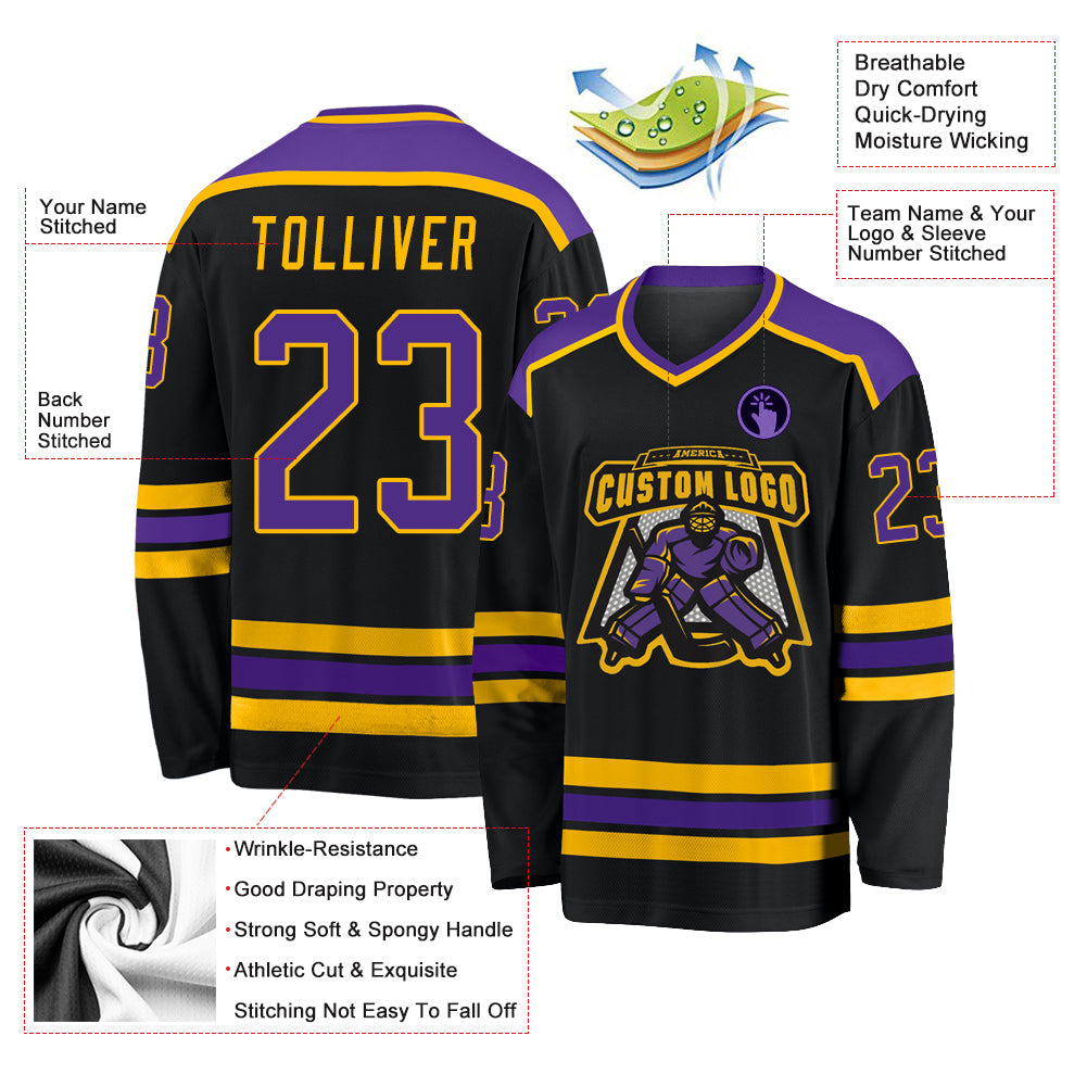 Custom Black Purple-Gold Hockey Jersey view 3