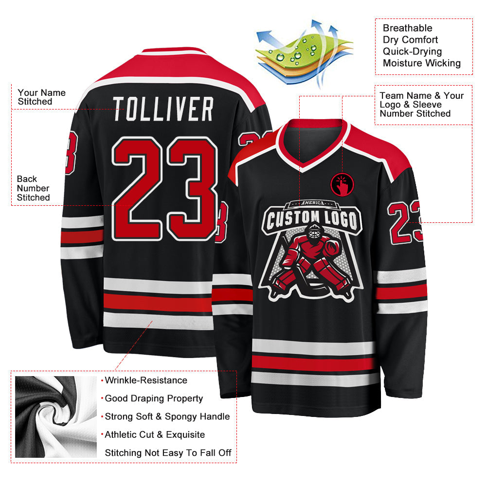 Custom Black Red-White Hockey Jersey view 4