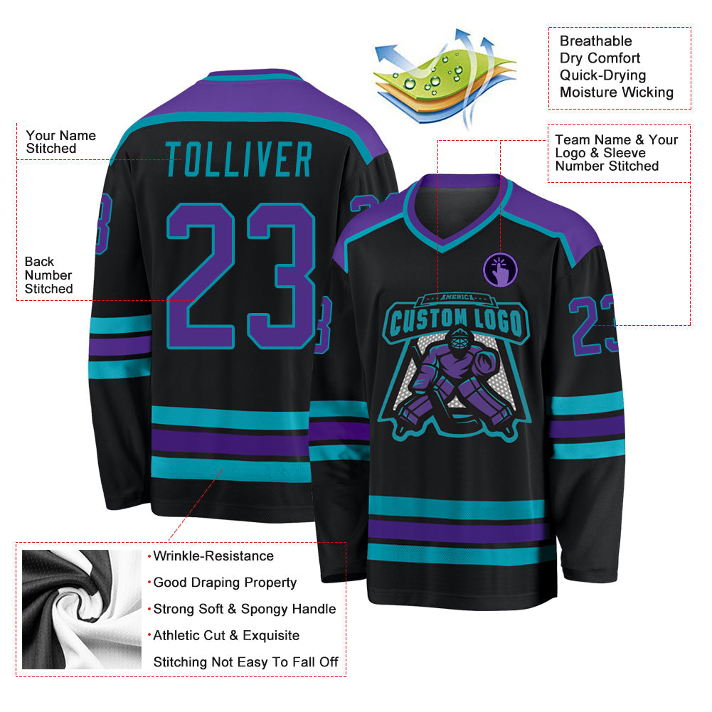 Custom Black Purple-Teal Hockey Jersey view 4