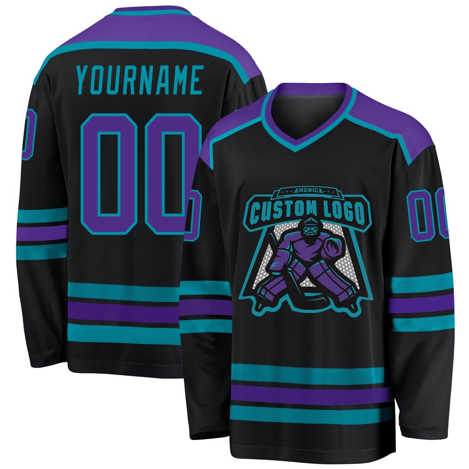 Custom Black Purple-Teal Hockey Jersey - Main View