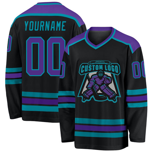 Custom Black Purple-Teal Hockey Jersey - Main View