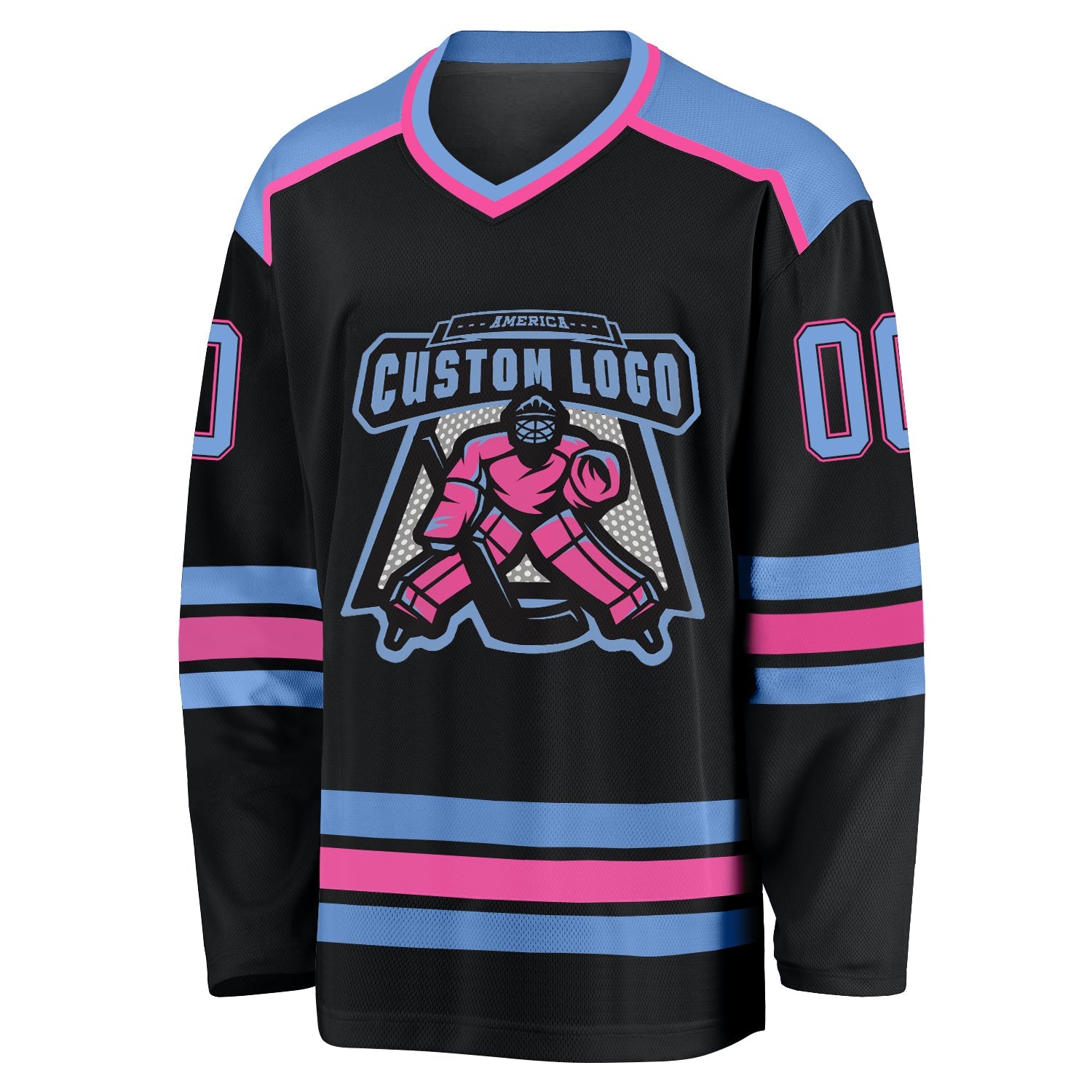 Custom Black Light Blue-Pink Hockey Jersey view 2