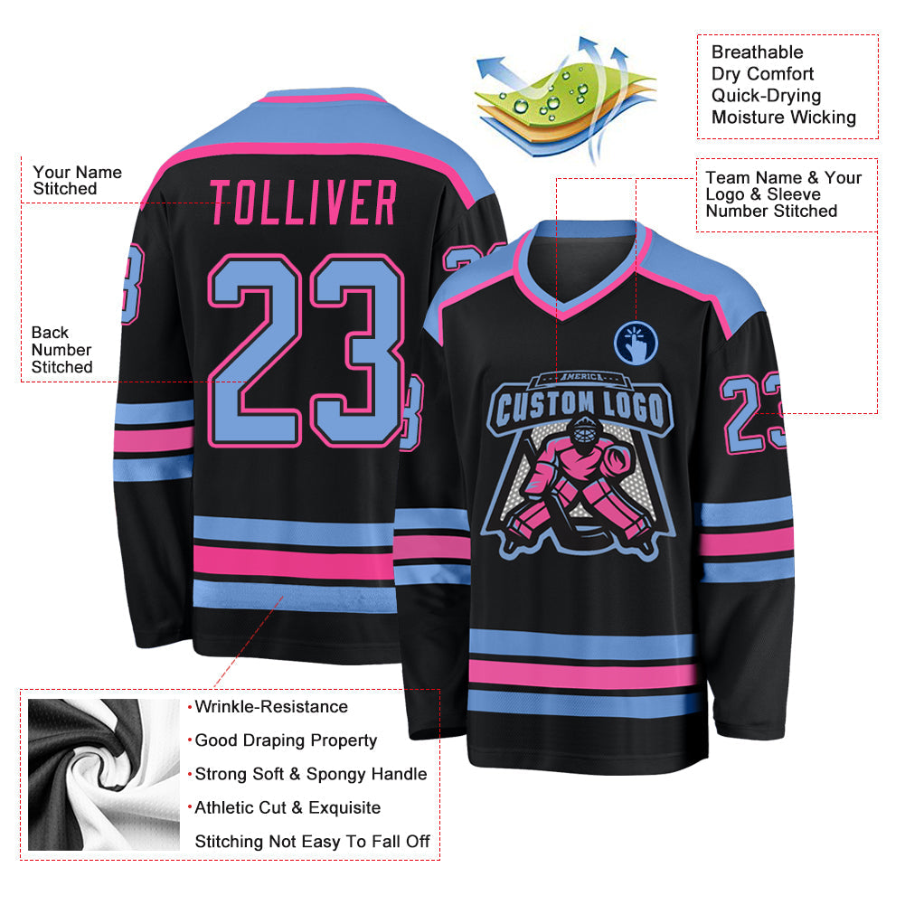 Custom Black Light Blue-Pink Hockey Jersey view 3