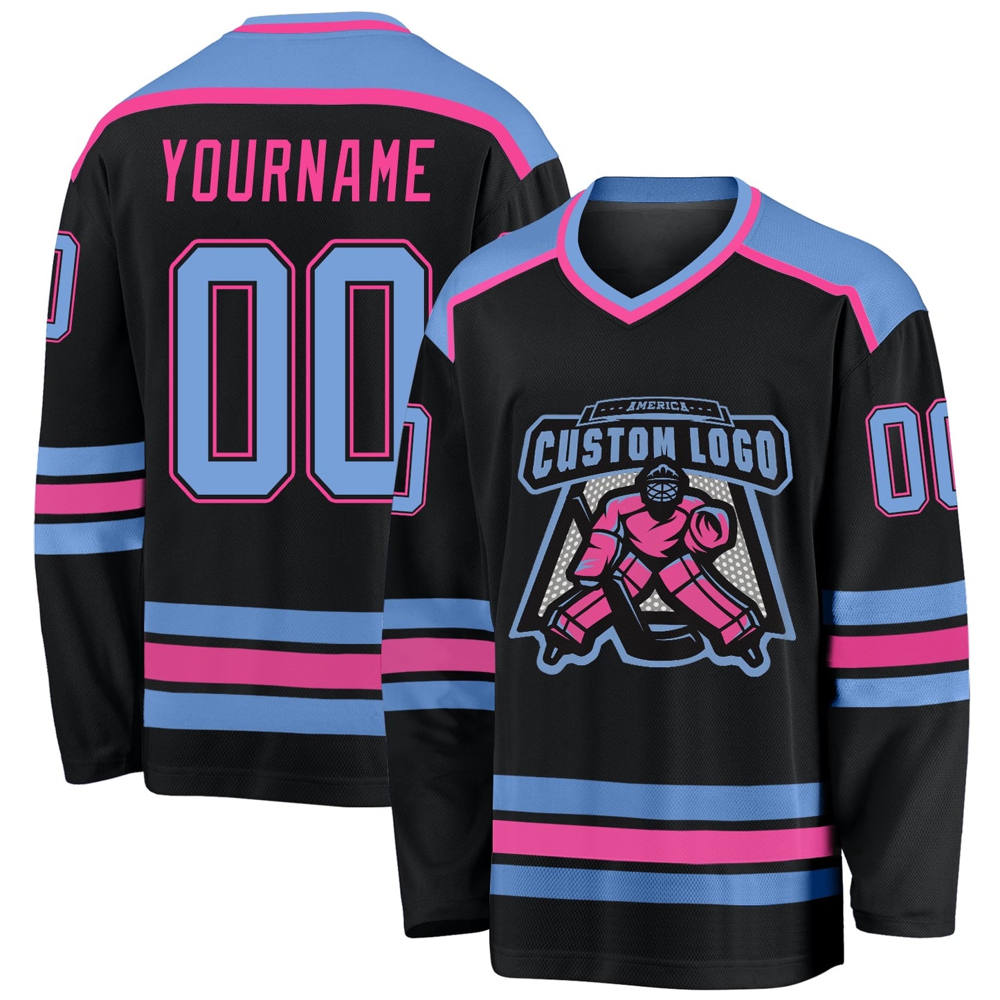 Custom Black Light Blue-Pink Hockey Jersey - Main View