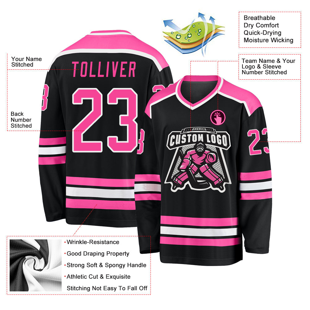 Custom Black Pink-White Hockey Jersey view 4