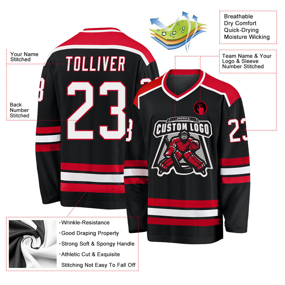Custom Black White-Red Hockey Jersey view 3