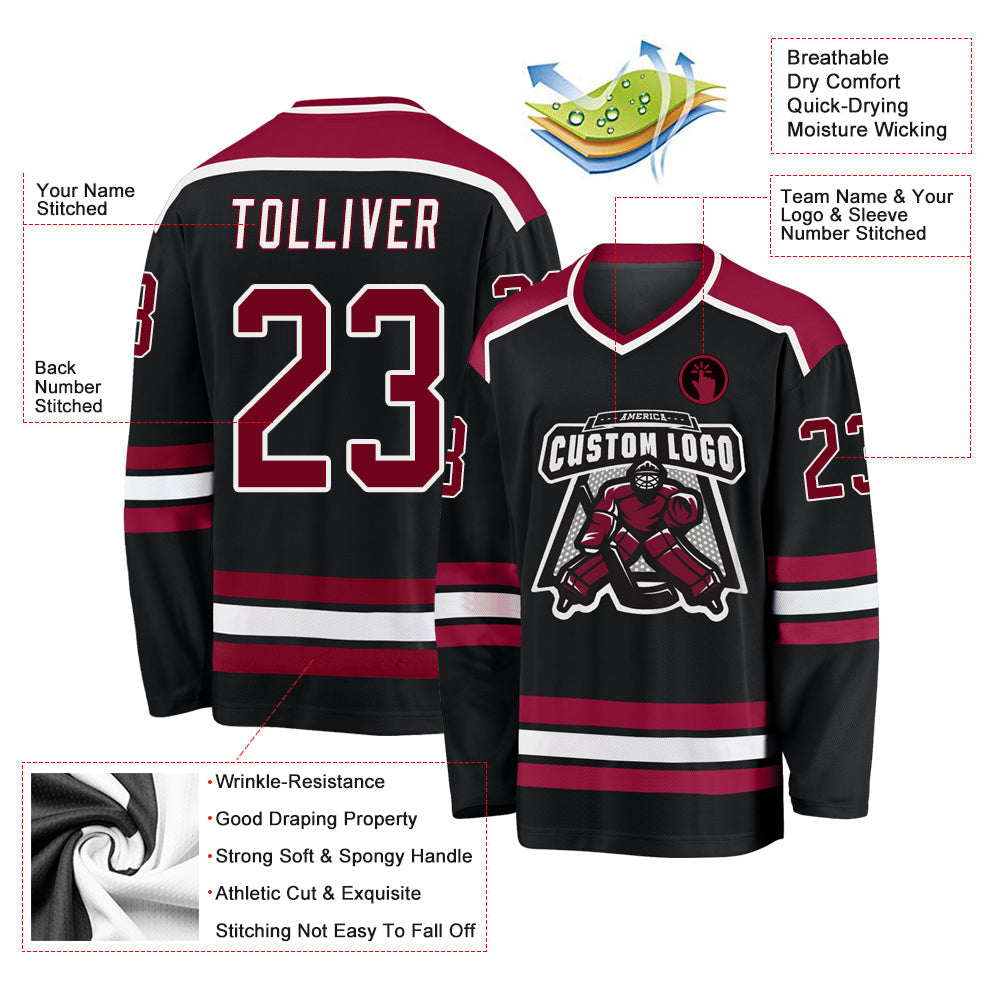 Custom Black Maroon-White Hockey Jersey view 3
