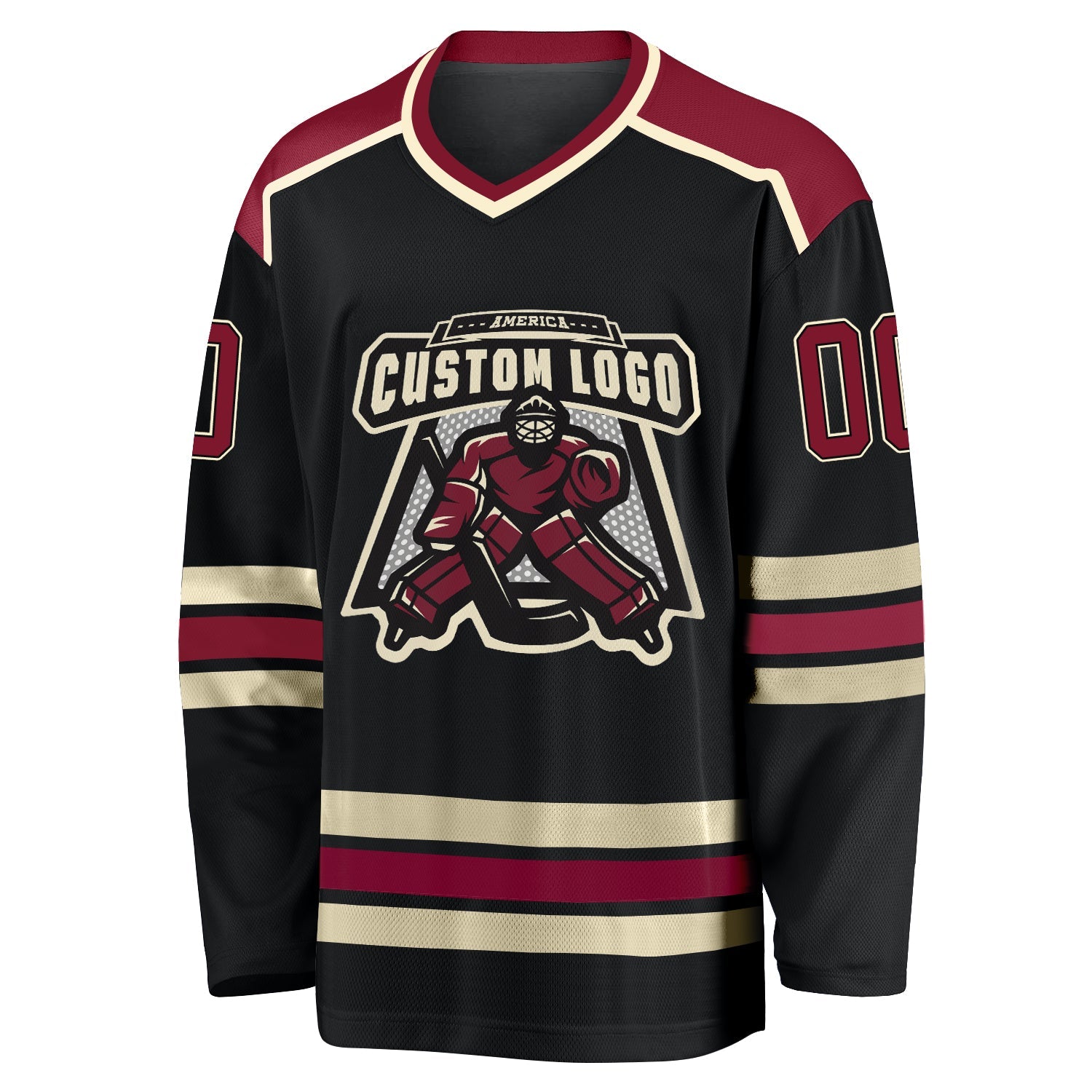 Custom Black Crimson-Cream Hockey Jersey view 2