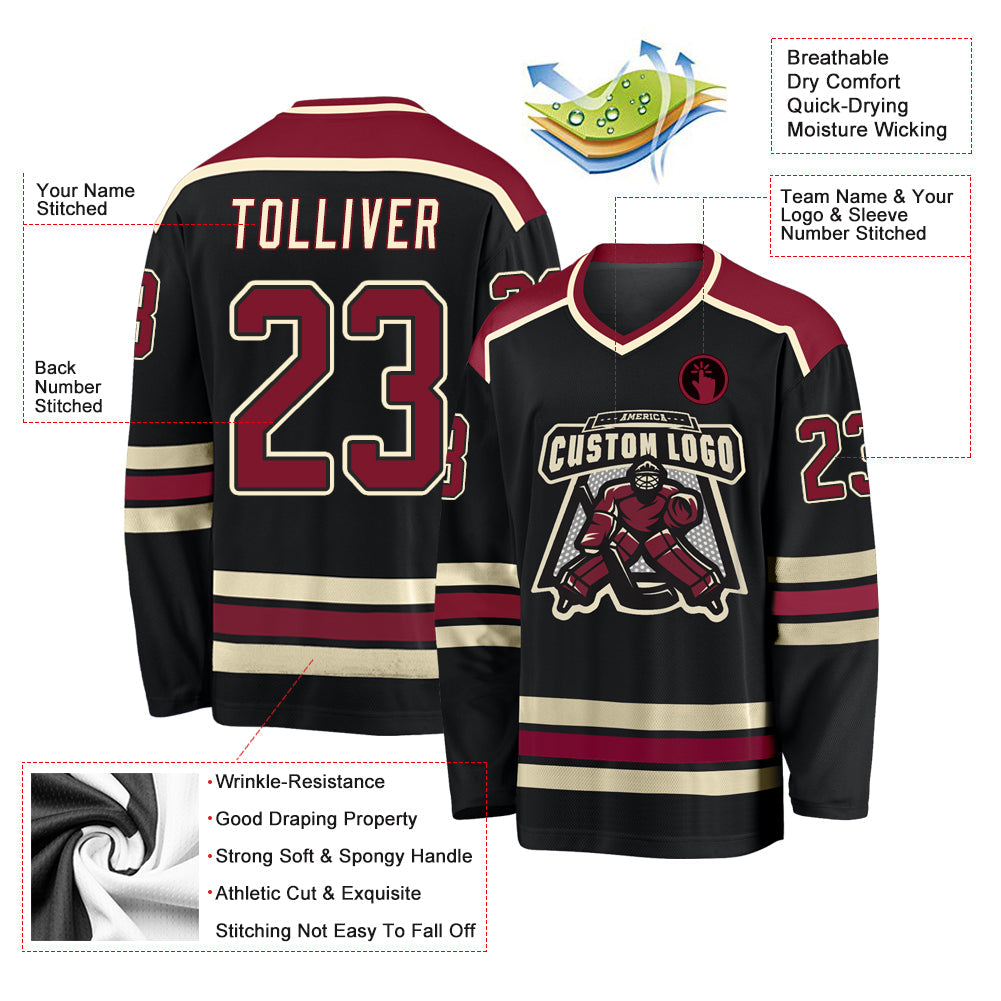 Custom Black Crimson-Cream Hockey Jersey view 3