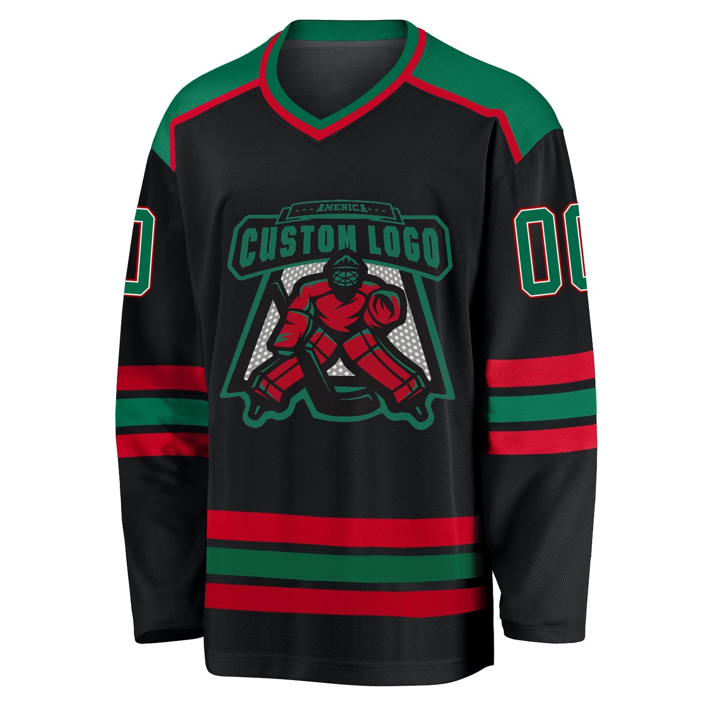 Custom Black Kelly Green White-Red Hockey Jersey view 2