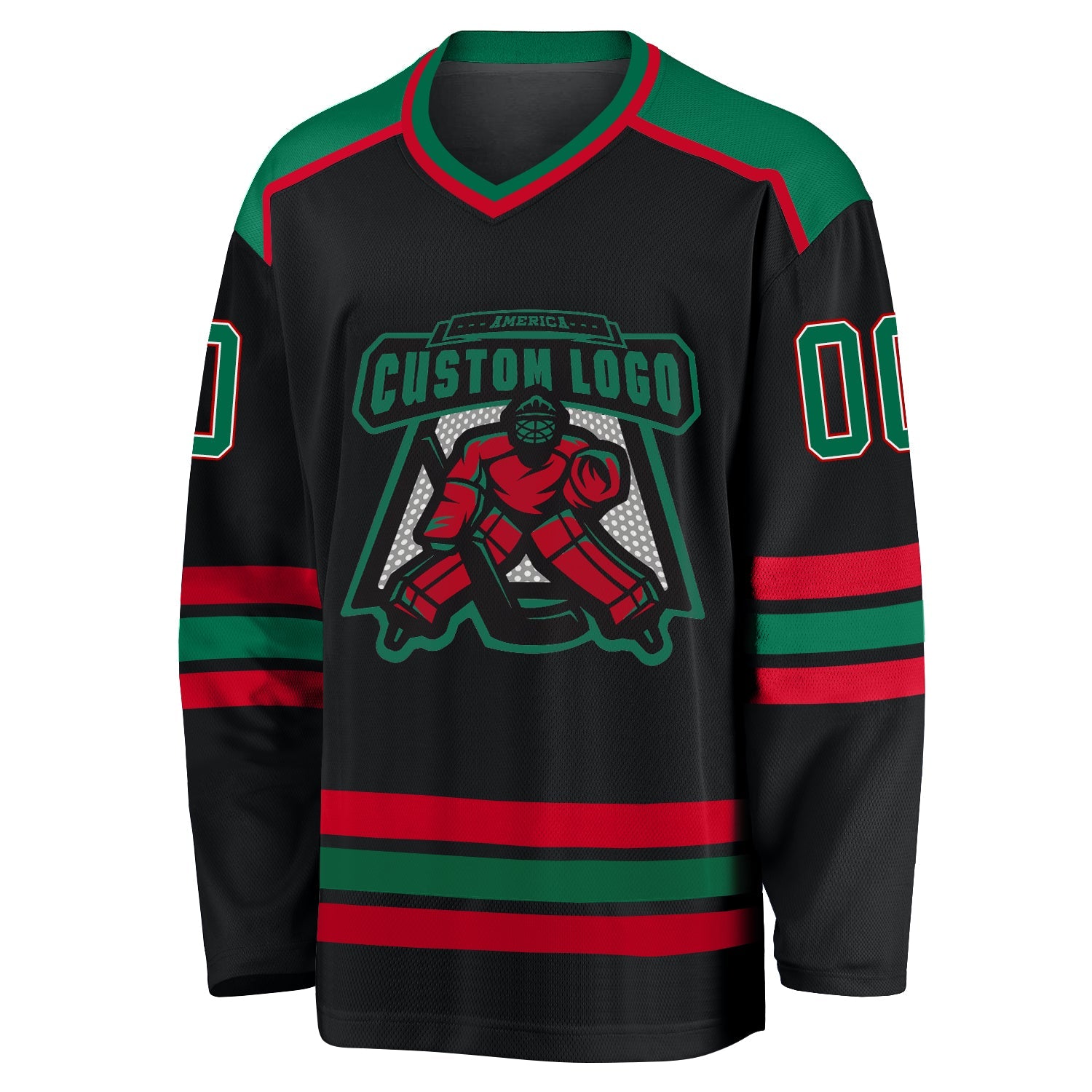 Custom Black Kelly Green White-Red Hockey Jersey view 2