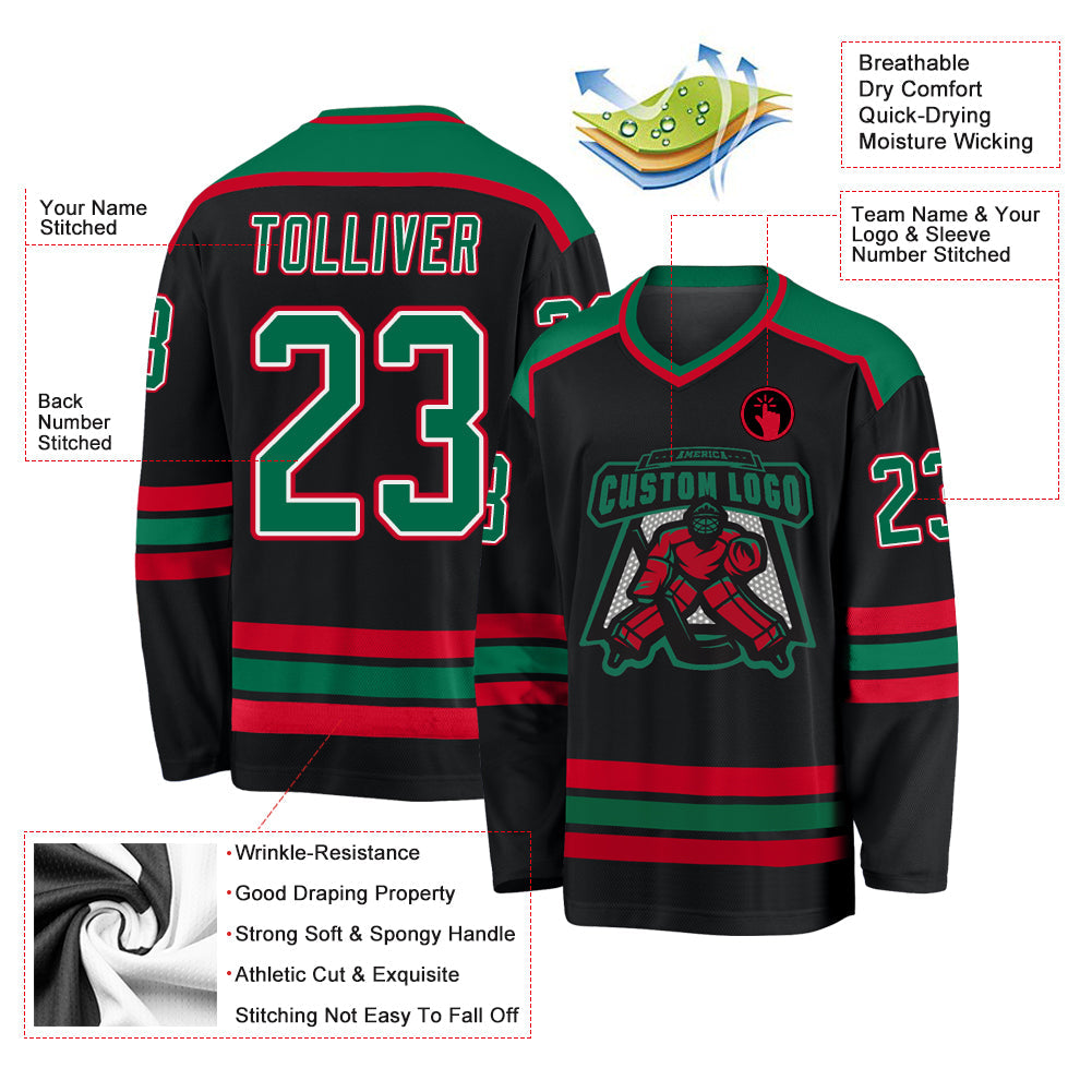 Custom Black Kelly Green White-Red Hockey Jersey view 3
