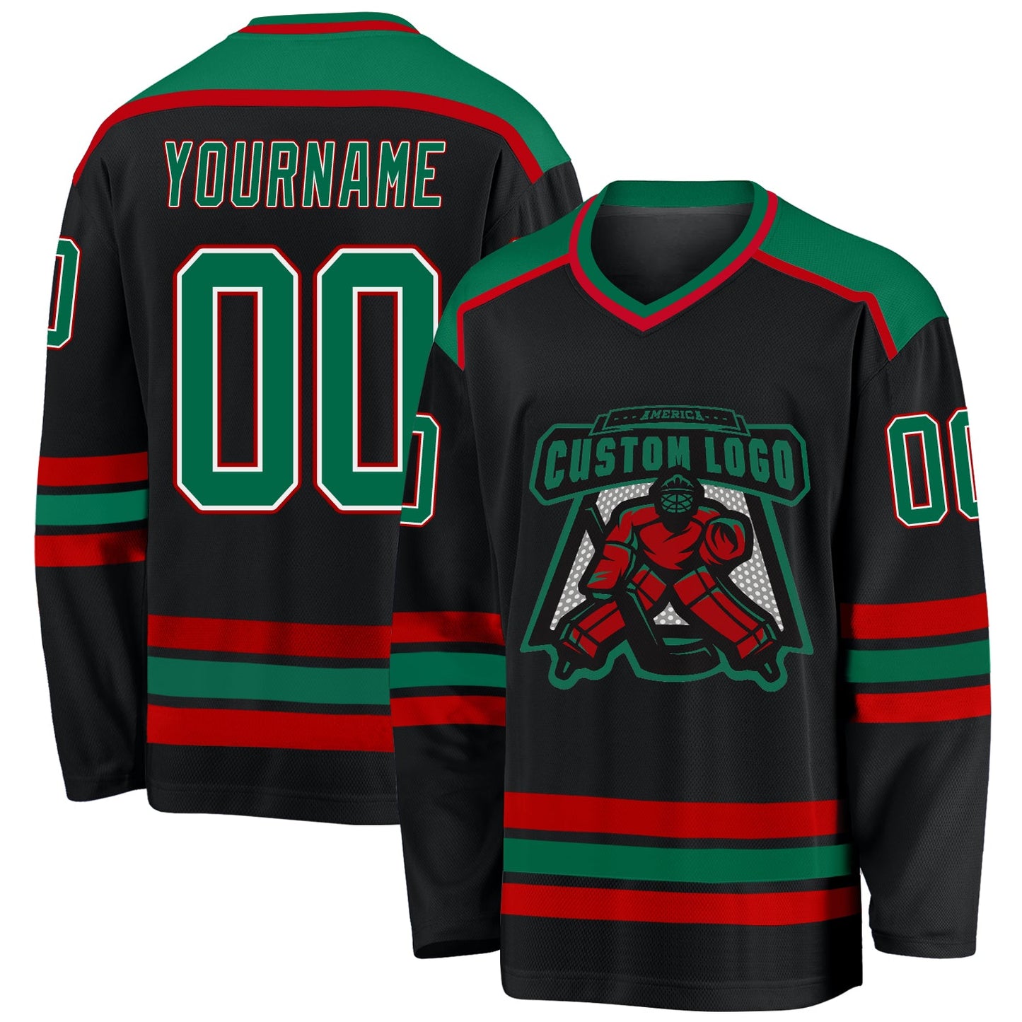 Custom Black Kelly Green White-Red Hockey Jersey - Main View