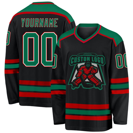 Custom Black Kelly Green White-Red Hockey Jersey - Main View
