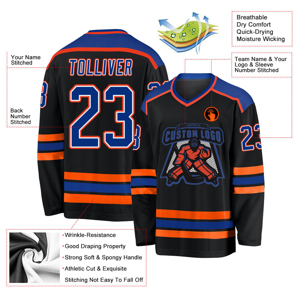 Custom Black Royal White-Orange Hockey Jersey view 3