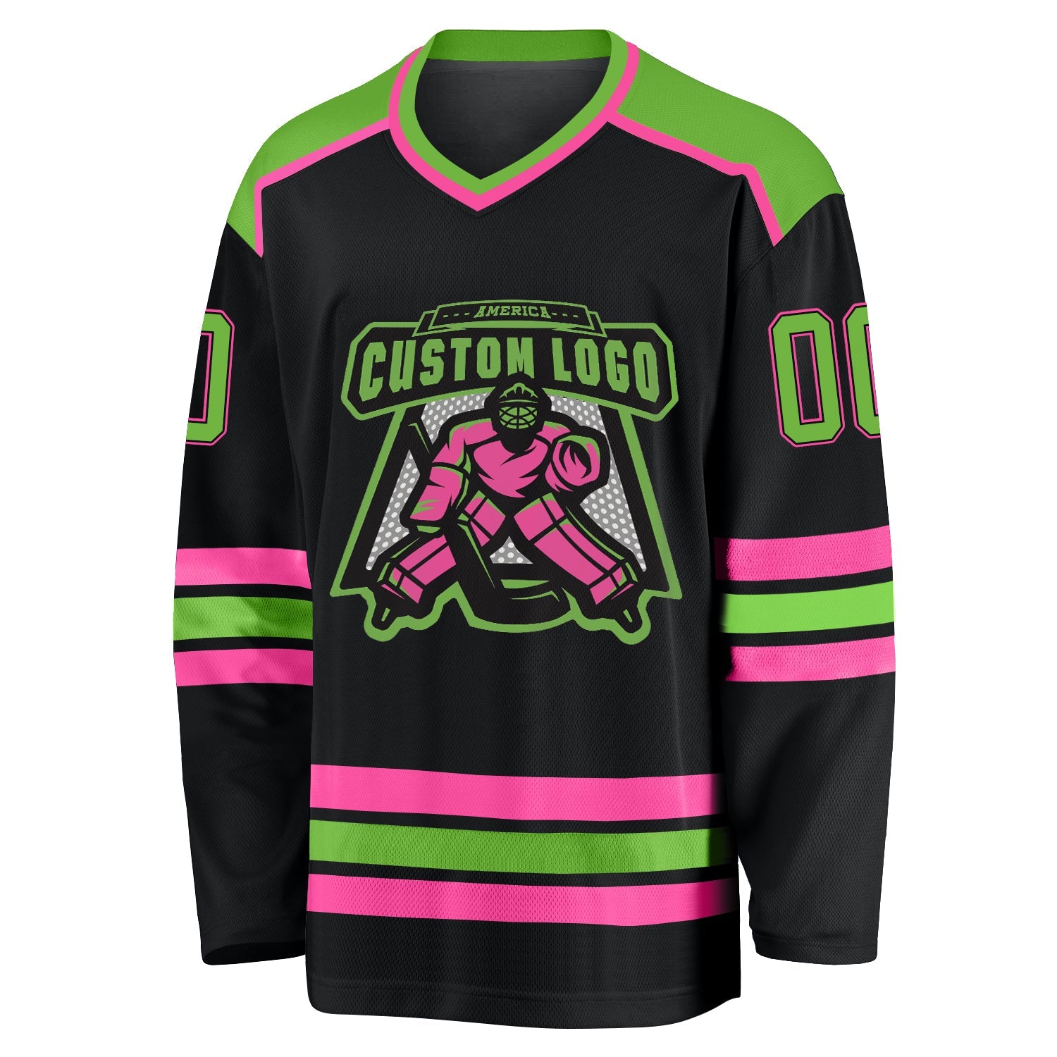Custom Black Neon Green-Pink Hockey Jersey view 2