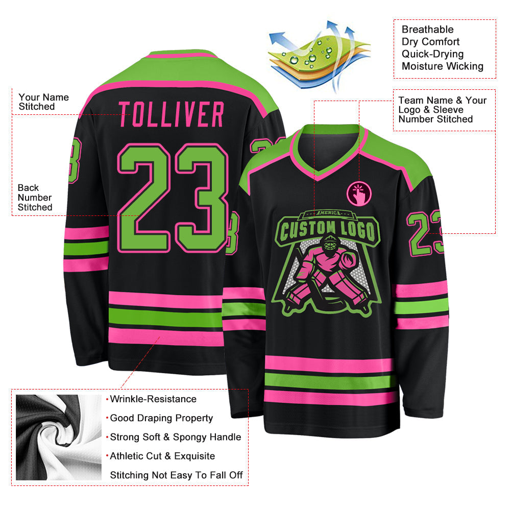 Custom Black Neon Green-Pink Hockey Jersey view 3