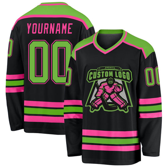 Custom Black Neon Green-Pink Hockey Jersey - Main View