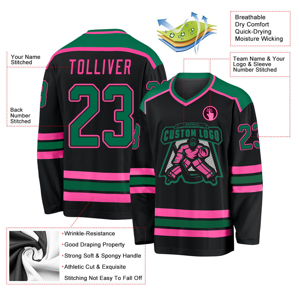 Custom Black Kelly Green-Pink Hockey Jersey view 3