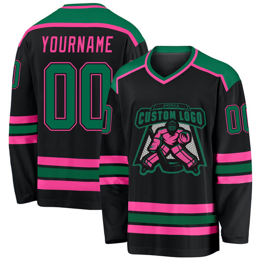 Custom Black Kelly Green-Pink Hockey Jersey - Main View