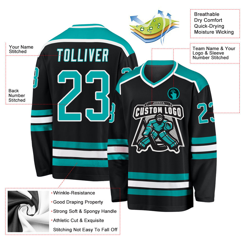 Custom Black Aqua-White Hockey Jersey view 3