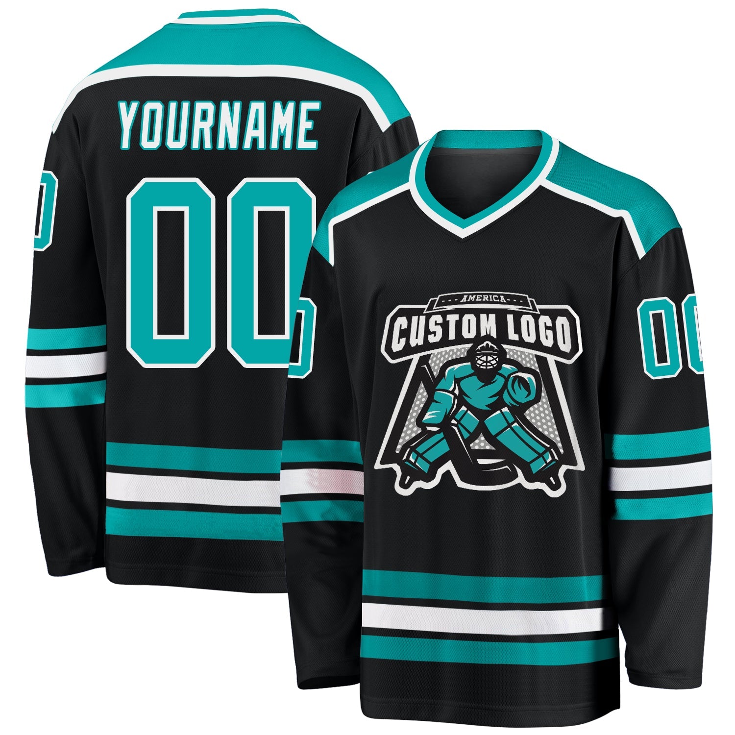 Custom Black Aqua-White Hockey Jersey - Main View