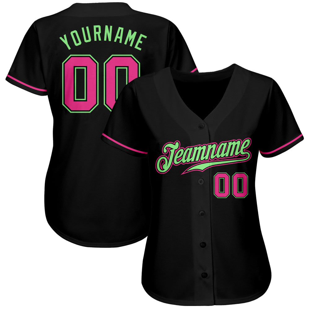 Custom Black Pink-Pea Green Authentic Baseball Jersey view 2
