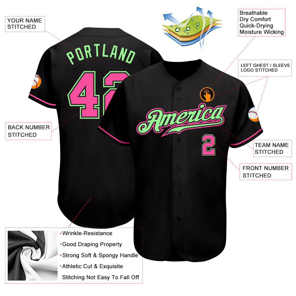 Custom Black Pink-Pea Green Authentic Baseball Jersey view 3