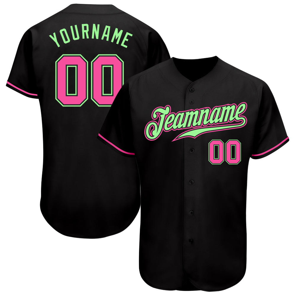 Custom Black Pink-Pea Green Authentic Baseball Jersey - Main View