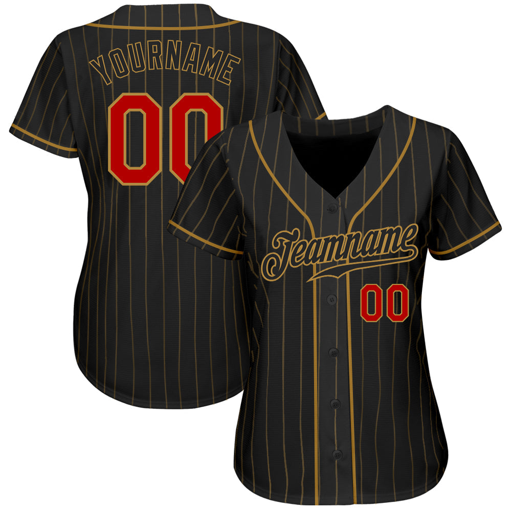 Custom Black Old Gold Pinstripe Red-Old Gold Authentic Baseball Jersey view 2