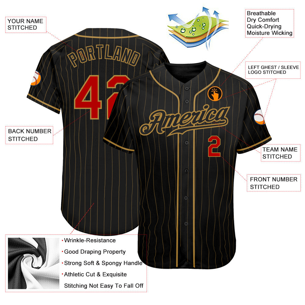 Custom Black Old Gold Pinstripe Red-Old Gold Authentic Baseball Jersey view 3