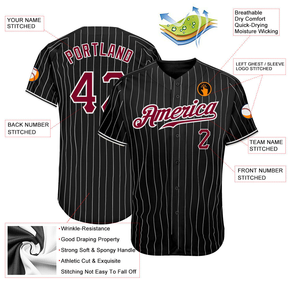 Custom Black White Pinstripe Maroon-White Authentic Baseball Jersey view 4