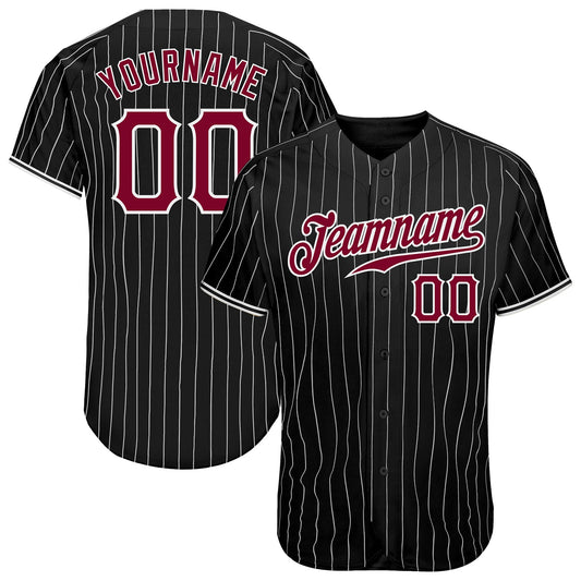 Custom Black White Pinstripe Maroon-White Authentic Baseball Jersey - Main View