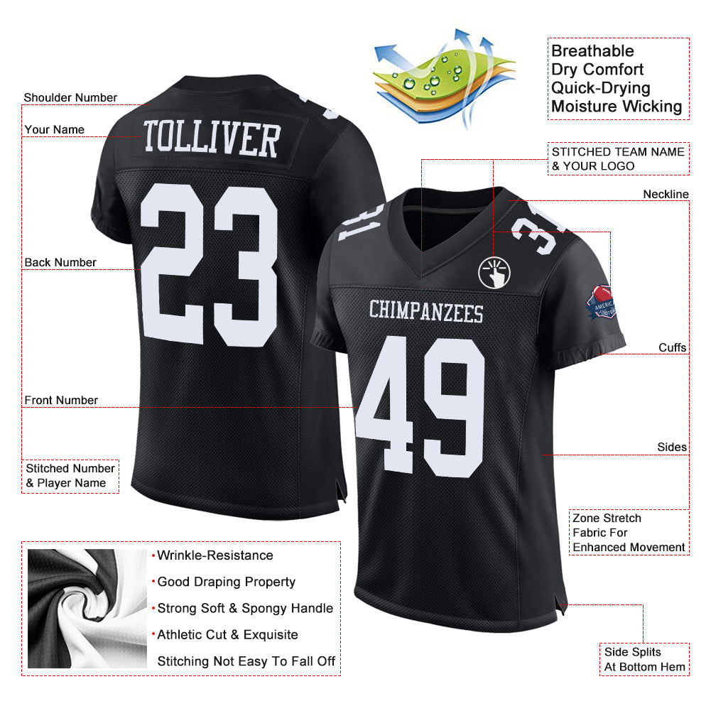 Custom Black White Mesh Authentic Football Jersey view 2