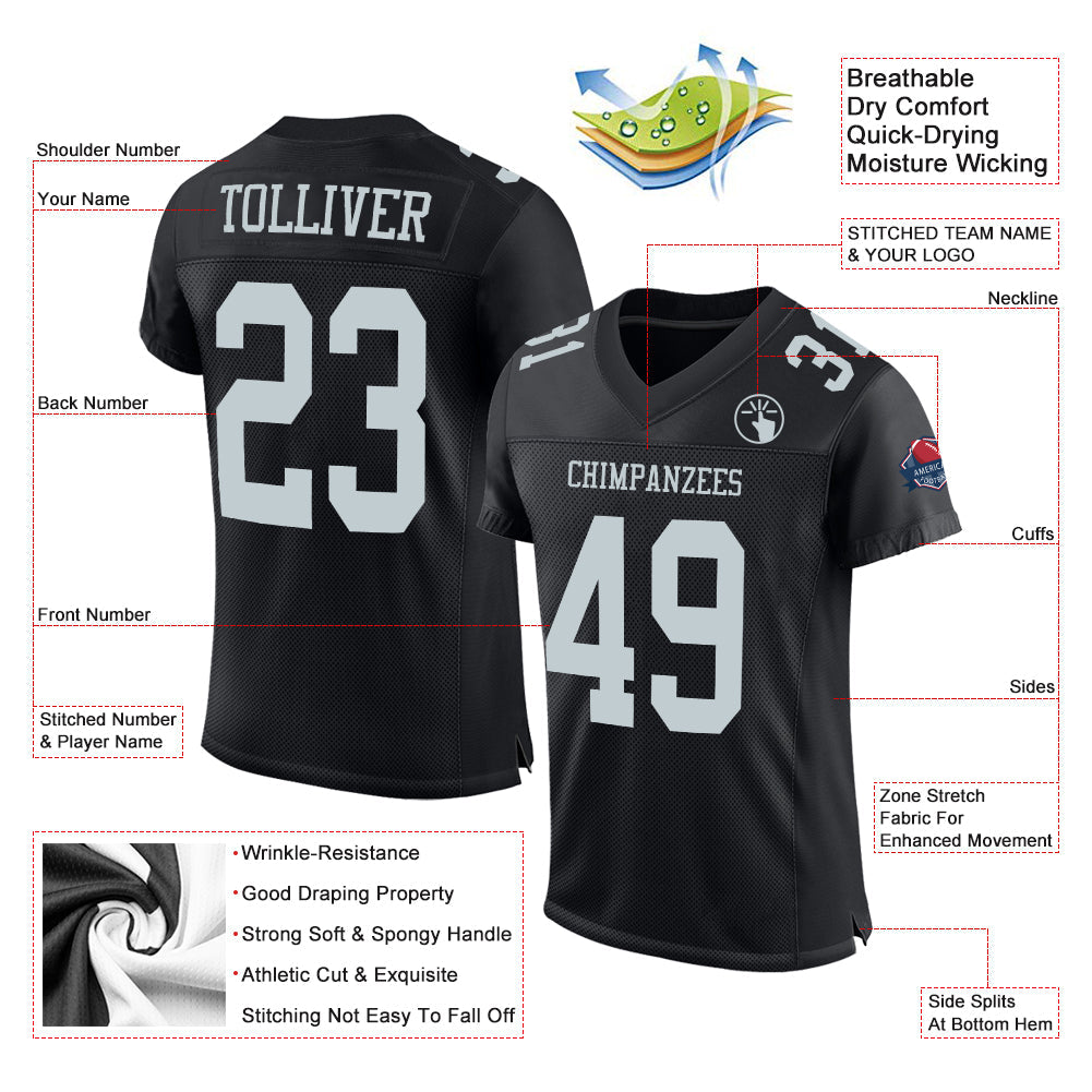 Custom Black Silver Mesh Authentic Football Jersey view 2