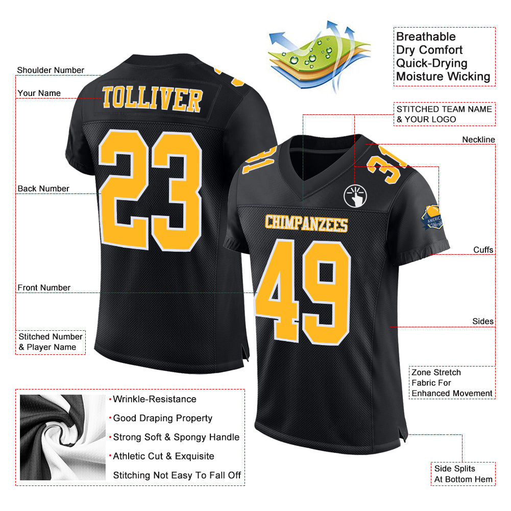Custom Black Gold-White Mesh Authentic Football Jersey view 2