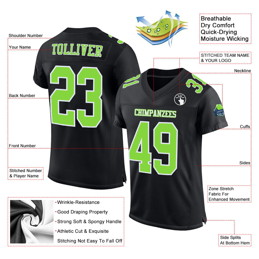 Custom Black Neon Green-White Mesh Authentic Football Jersey view 2