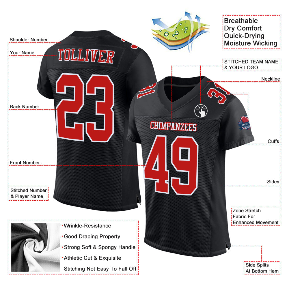 Custom Black Fire Red-White Mesh Authentic Football Jersey view 2